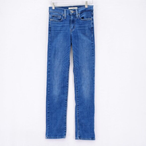 Levi's Slimming Straight Blue Denim Jeans Stone Wash Whiskering -24- 25 / 30 Mid - Picture 1 of 9